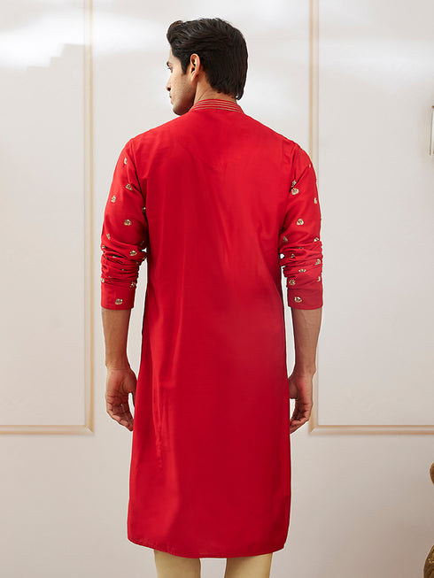 Men's Red Viscose Kurta